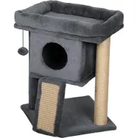 Moonbite Kratzbaum mit Katzenhaus 57 cm, Jute-Kratzmatte, Liegeplattform und Spielball, Plüschbezug, Holzgehäuse, bis 5 kg, Grau