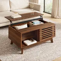 OKWISH Couchtisch mit Höhenverstellbarer Tischplatte Sofatisch Beistelltisch mit verschiebbare Jalousietür Retro Design Für Wohnzimmer Nussbaum