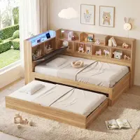 STILVORA Kinderbett 90x200 cm mit LED-Beleuchtung und USB-Ladeanschlüssen, Stauraumbett mit Ausziehbett 90x190 cm, Tagesbett mit Regalen als L-förmiges Holzbett Naturfarbe
