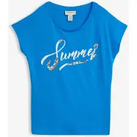 Bonprix T-Shirt "Shirt mit Pailletten", Damen, Gr. 36/38 (S), blau (meeresblau, silber bedruckt), Obermaterial: 100% Baumwolle, loose fit, Shirts T-Shirt, lockere Passform, Kurzarm, aus Baumwolle