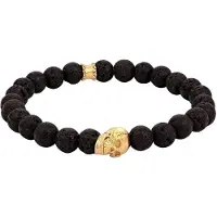 KUZZOI Armkette "Armband Herren Totenkopf Lava Stein Perlen 925 Silber" Gr. 19, gold, Armbänder, Herren, 19, Silber 925 (Sterlingsilber), Armkette