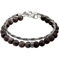 KUZZOI Armkette "Armband 2er Set Lavaperlen Kordelkette 925 Sterling Silber Oxidiert" Gr. 21, silber, Armbänder, Herren, 21, Silber 925 (Sterlingsilber), Armkette
