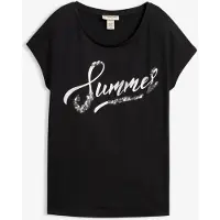 Bonprix T-Shirt "Shirt mit Pailletten", Damen, Gr. 44/46 (L), schwarz (schwarz, silber bedruckt), Obermaterial: 100% Baumwolle, loose fit, Shirts T-Shirt, lockere Passform, Kurzarm, aus Baumwolle