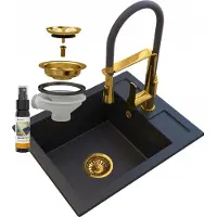 Granitan - Granitspüle - Küchenspüle - 50x40 cm - Schwarz - mit Armatur FULL GOLD - BEST