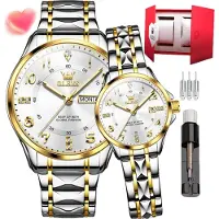 Olevs Pärchen Quarzuhr Edelstahl Paar Hochzeit Romantischer Ausdruck Mann Tag Nacht Glow Kalender Wasserdicht Casual Herren und Damen Uhr