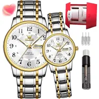 Olevs Pärchen Quarzuhr Edelstahl Paar Hochzeit Romantischer Ausdruck Mann Tag Nacht Glow Kalender Wasserdicht Casual Herren und Damen Uhr
