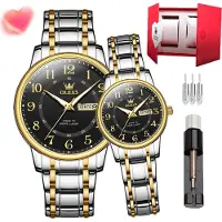 Olevs Pärchen Quarzuhr Edelstahl Paar Hochzeit Romantischer Ausdruck Mann Tag Nacht Glow Kalender Wasserdicht Casual Herren und Damen Uhr