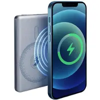 Grundig Kabellose Powerbank 5000mAh - Power Bank Mini 15W Geeignet für Magsafe Kabelloses Laden - Ladegerät mit USB-C-Anschluss zum Aufladen von 2 Geräten - 10,4 x 6,7 x 0,85 cm