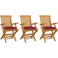 Syfax Klappstühle mit weinroten Kissen, 3-teilig, Massivholz Teakholz