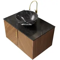 STILVORA Wandhängender Badezimmer-Waschtisch 55x76x50 mit Keramikbecken, Sinterstein-Arbeitsplatte, Eiche Schrank, Soft-Close, Schwarz+Espresso