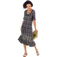 Witt Weiden Sommerkleid WITT "Jersey-Kleid Jerseykleid mit Volants", Damen, Gr. 38, N-Gr, bunt (marine, eucalyptus, bedruckt), Modisch, V-Ausschnitt, Kleider Sommerkleid