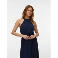 Vero Moda Maxikleid "VMEASY JOY S/L LONG HALTERNECK DRESS WVN", Damen, Gr. L, N-Gr, blau (navy blazer), Web, Obermaterial: 100% Viskose, unifarben, knöchellang, Neckholder, Kleider Maxikleid, Viskose