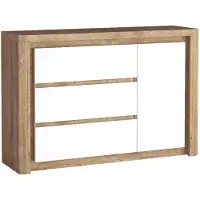 Masseno Kommode VARUS 144 cm Sideboard mit 3 Schubladen und 1 Türen für Wohnzimmer Schlafzimmer Modern 144x40,5x97,5 cm Eichefarben / Weiß
