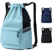 Unyqoos Sport-/Gymtasche 25–35 L, 45×30×15 cm, wasserfestes Oxford-Gewebe, Kordelzug, reflektierende Streifen, verstellbare verbreiterte Schultergurte, Schwarz/Grau/Hellblau