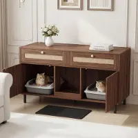 Flieks Kommode Sideboard Haustier, Beistellschrank Aufbewahrungsschrank mit Sandfangmatte, Haustierschrank mit Rattanschublade, Nussbaumfarbe