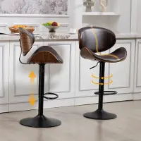 Kein Hersteller 2er Set drehbare Barhocker, höhenverstellbar, gebogenes Holz, Kunstleder, ergonomische Lehne, Fußstütze, braun.