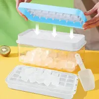 Unyqoos Eiswürfelform-Set mit Deckel – 2‑lagig, 64 Fächer, stapelbar, BPA‑frei, ABS/PP, inkl. Schaufel, Vorratsbox & Eisspender, blau