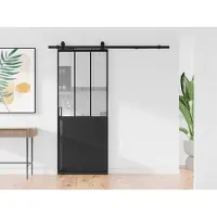 Vente-unique Atelier-Schiebetür mit Laufschienensystem - Schwarz & Sicherheitsglas - 205 cm x 93 cm - ARTISTO II