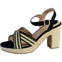 The Divine Factory Schwarze Damen Sandale mit Riemenverschluss, offenem Zeh und breitem Absatz