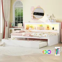Sweiko Schlafsofa, Daybett, Tagesbett, 90x200cm , Mit LED-Leuchten, Bettseitiges Staufach, Ausziehbares Bett, Steckdose + USB, Ohne Matratze, Weiß