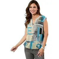 Inspirationen Blusentop , Damen, Gr. 40, türkis, sand, bedruckt, 100% Viskose, bedruckt, gemustert, mehrfarbig, V-Ausschnitt, Blusen Blusentop