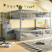 MODFU Etagenbett Holzbett 140x200 Doppelbett mit Schubladen und Schiebetüren Kinderbett mit Sicherheitsgeländer für Kinder und Jugendliche ohne Matratze Grau