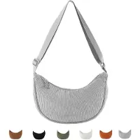 Unyqoos Cord-Schultertasche für Damen – halbmondförmig aus Cordstoff, verstellbarer Riemen, Reißverschluss, 31 x 16 x 9 cm