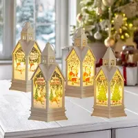 Unyqoos Set von 4 Weihnachtslaternen im Haus‑Design, batteriebetrieben mit flackerndem warmweißem LED‑Licht, 17,5 x 6,4 x 6,4 cm, 3 Knopfzellen je Laterne