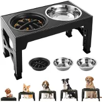 Unyqoos Höhenverstellbare Futterstation für Hunde – 5 Höhen (8/22/25/28/31 cm), 2×1200 ml Edelstahlnäpfe + 800 ml Slow-Feeder, klappbares X‑Stativ, rutschfest
