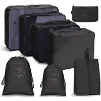 Unyqoos 8‑teiliges Packwürfel‑Reise‑Set – 3 Packwürfel (S/M/L) mit transparentem Mesh‑Deckel, Wäschesack, 2 Kordelbeutel, Flach‑ & Schuhbeutel, wasserabweisendes Nylon