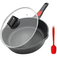 Unyqoos beschichtete Bratpfanne 24 cm, 7 cm hoch, Gussaluminium mit Granitbeschichtung (PFOA-frei), abnehmbarer Bakelit-Griff mit Holzoptik, Deckel, ofenfest, alle Herdarten