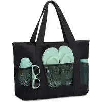 Unyqoos Wasserabweisende, sandresistente Strandtasche aus Polyester mit Streifenmuster, 37,6 x 15 x 37,6 cm, Netzaußenfächer, Nassfach, 27 cm Tragegurt, 0,46 kg