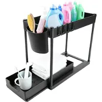 Unyqoos Ausziehbarer 2‑stufiger Schrank‑Organizer mit 5,3 cm Antirutschrand, Kunststoff – platzsparend für Küche, Bad & Büro