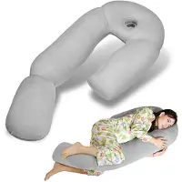 Unyqoos Ergonomisches U‑förmiges Schwangerschaftskissen 130 cm mit Ohröffnung – Seitenschläferkissen, abnehmbarer hypoallergener Samtbezug, orthopädische Rücken- und Hüftunterstützung