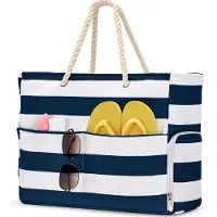 Unyqoos Große Strandtasche 52 x 33 x 15 cm – wasser- & sandabweisendes Polyester, 8 Fächer inkl. Schuhfach, dicke Kordelgriffe, gestreiftes Design, für Strand, Sport & Reisen