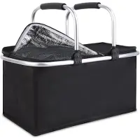 Unyqoos Faltbarer isolierter Einkaufs- & Picknickkorb, 30 L, Griffe aus Aluminiumlegierung, Kunststoff-Bodenplatte, 48×28×25 cm (faltbar 48×28×5 cm)