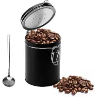 Unyqoos Edelstahl Kaffeedose 1 L - luftdicht mit Aromaventil & Messlöffel, matt-schwarz, für Bohnen, Pulver und Tee
