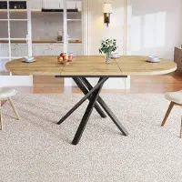 Flieks Ausziehsbarer Esstisch, Rund-Oval Tisch, Esszimmertisch mit X-Metallgestel, Verstellbare Füße, Küchentisch 100-140x100x75.5cm, Holzfarben