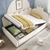 Youjia Polsterbett Daybett 90x190 cm,Tagesbett-Schlafsofa mit Stauraum (hydraulisch),Gästebett L-Form Samt in Beige mit Kronen-Gitter-Design, ohne Matratze