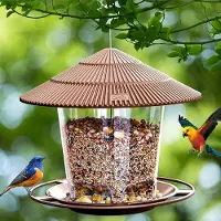 Unyqoos Wetterfestes Vogelfutterhaus mit 360°-Zugang, schrägdach & Aufhängehaken – für Garten & Balkon, integrierte Drainage, fertig montiert