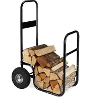 Relaxdays Kaminholzwagen, Brennholzwagen aus Stahl, mit 2 Luftreifen, bis 60 kg, Holztransport & -aufbewahrung, schwarz