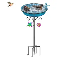 Unyqoos Metall-Vogelbad mit Kolibri-Nachbildung, mehrfarbig, 5 robuste Erdspieße – wetterbeständig, Trink‑ und Badeplatz sowie Futterstelle für Garten