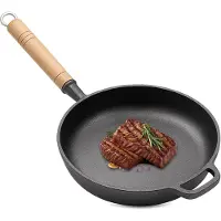 Unyqoos Gusseiserne Bratpfanne, rund 27 cm mit Holzgriff – für Induktion, Gas, offenes Feuer & Grill, gleichmäßige Wärmeverteilung, vielseitig einsetzbar