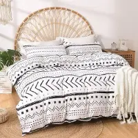 Benza Ibenzoa 3-teiliges Boho-Bettwäsche-Set – Duvetbezug 220×240 cm, 2 Kissenbezüge 80×80 cm, Microfaser, Weiß/Schwarz, atmungsaktiv, Reißverschluss