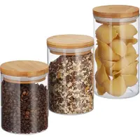 Relaxdays Vorratsdosen Glas, 3er Set, Größen 500, 700, 1000 ml, für Pasta, Reis, Müsli, Kaffee, D 9,5 cm, Bambus, natur
