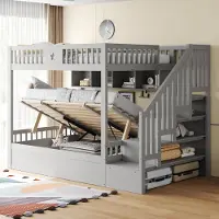Flieks Etagenbett 140x200cm mit Regal, Hydraulisches Kinderbett mit Stauraum, Hochbett Stockbett mit Rausfallschutz und Lattenrost, Doppelbett Grau