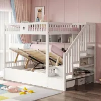 Flieks Etagenbett 140x200cm mit Regal, Hydraulisches Kinderbett mit Stauraum, Hochbett Stockbett mit Rausfallschutz und Lattenrost, Doppelbett Weiß