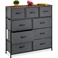 Relaxdays Kommode, HBT 100x100x30 cm, Metall, Holzoptik, 9 Stoff-Schubladen, Ablage, moderne Beistellkommode, mehrfarbig
