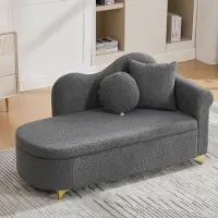 Merax Chaiselongue mit Stauraum und Massivholzrahmen, Liegesessel Schlafsessel mit Teddyplüsch, Relaxliege mit Wellen-Rückenlehne und 2 Kissen, Grau