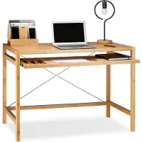 Relaxdays Computertisch Holz, Tastaturauszug, Bürotisch ausziehbar, Schreibtisch massiv, HxBxT: 76,5x106,5x55,5cm, natur